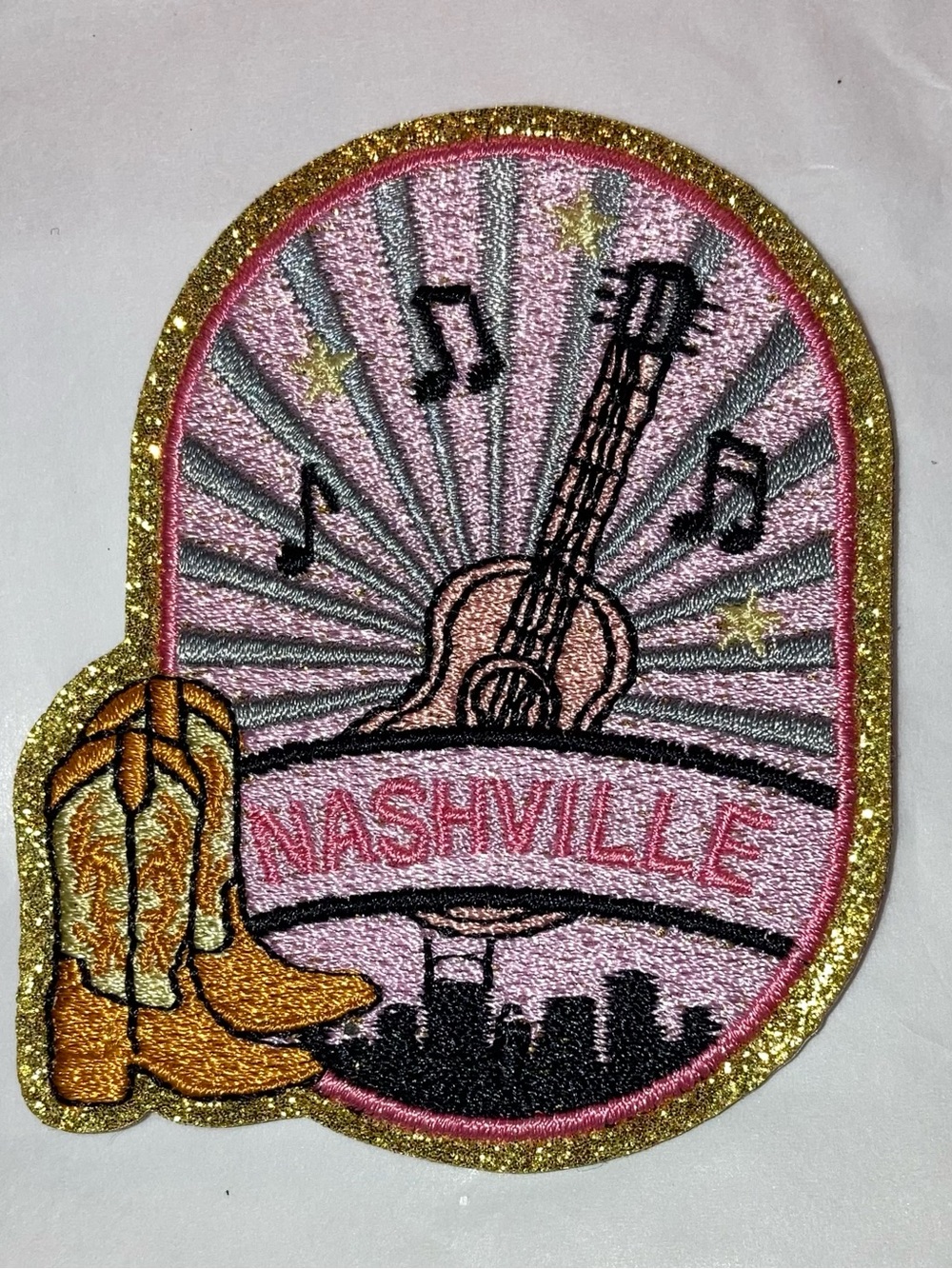 Nashville Pink Guitar & Cowboy Boots Embroidered Patch
